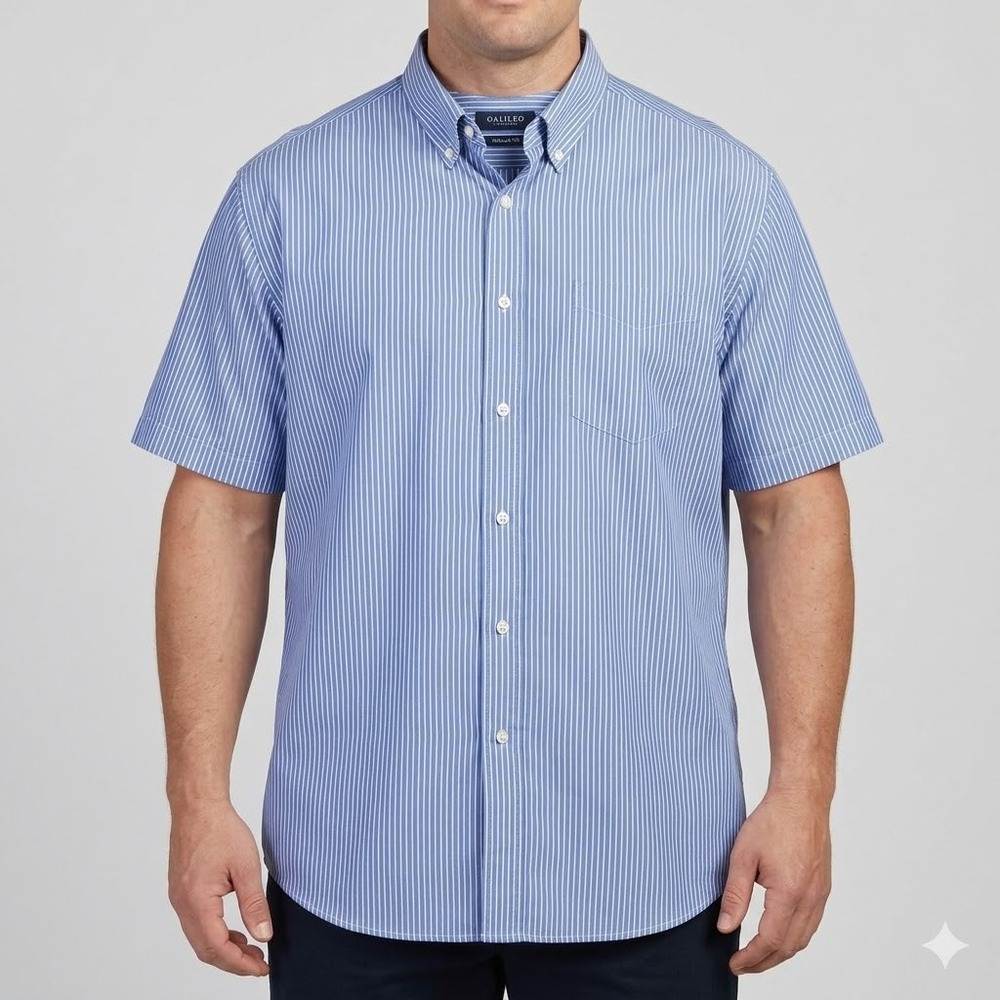 Galileo Short Sleeve Button Down Shirt Striped Regular Fit Cotton Blue White‎
